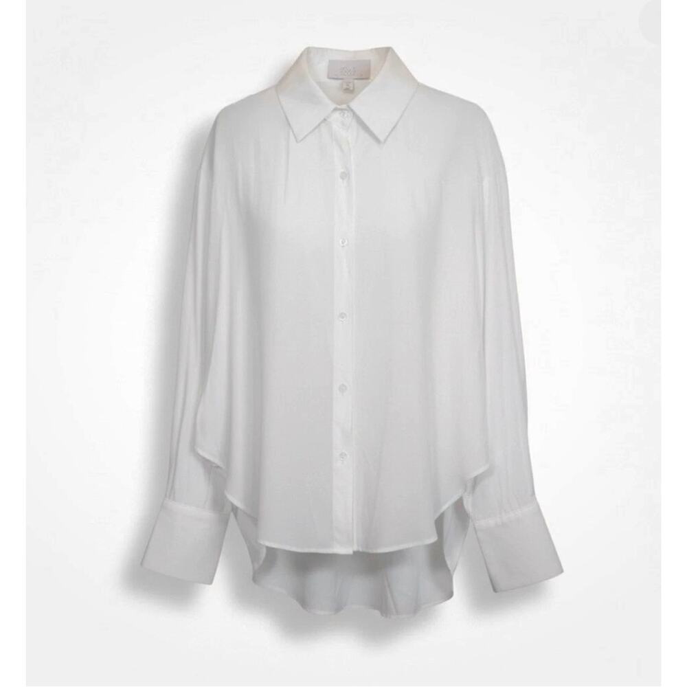 Blush Boutique NEW High Low Long Sleeve White Sheer Button-up - Medium, NWT